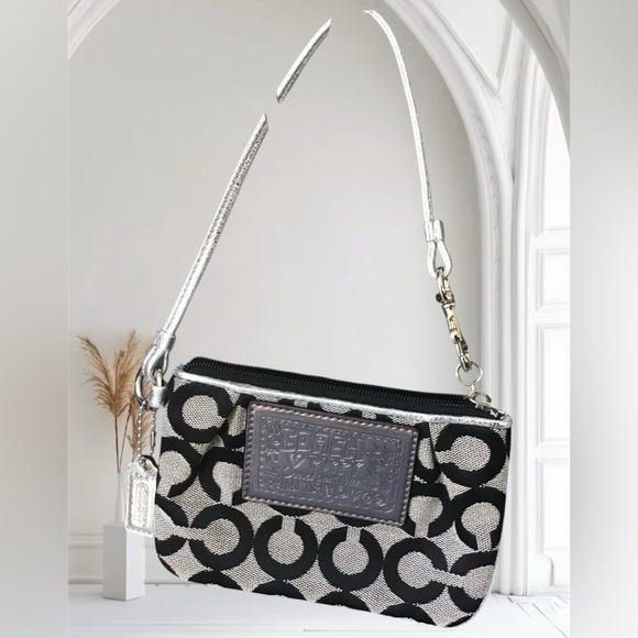 Coach Logo Poppy Canvas Wristlet Wallet Silver & Brown Monogram Pouch - Picture 1 of 9